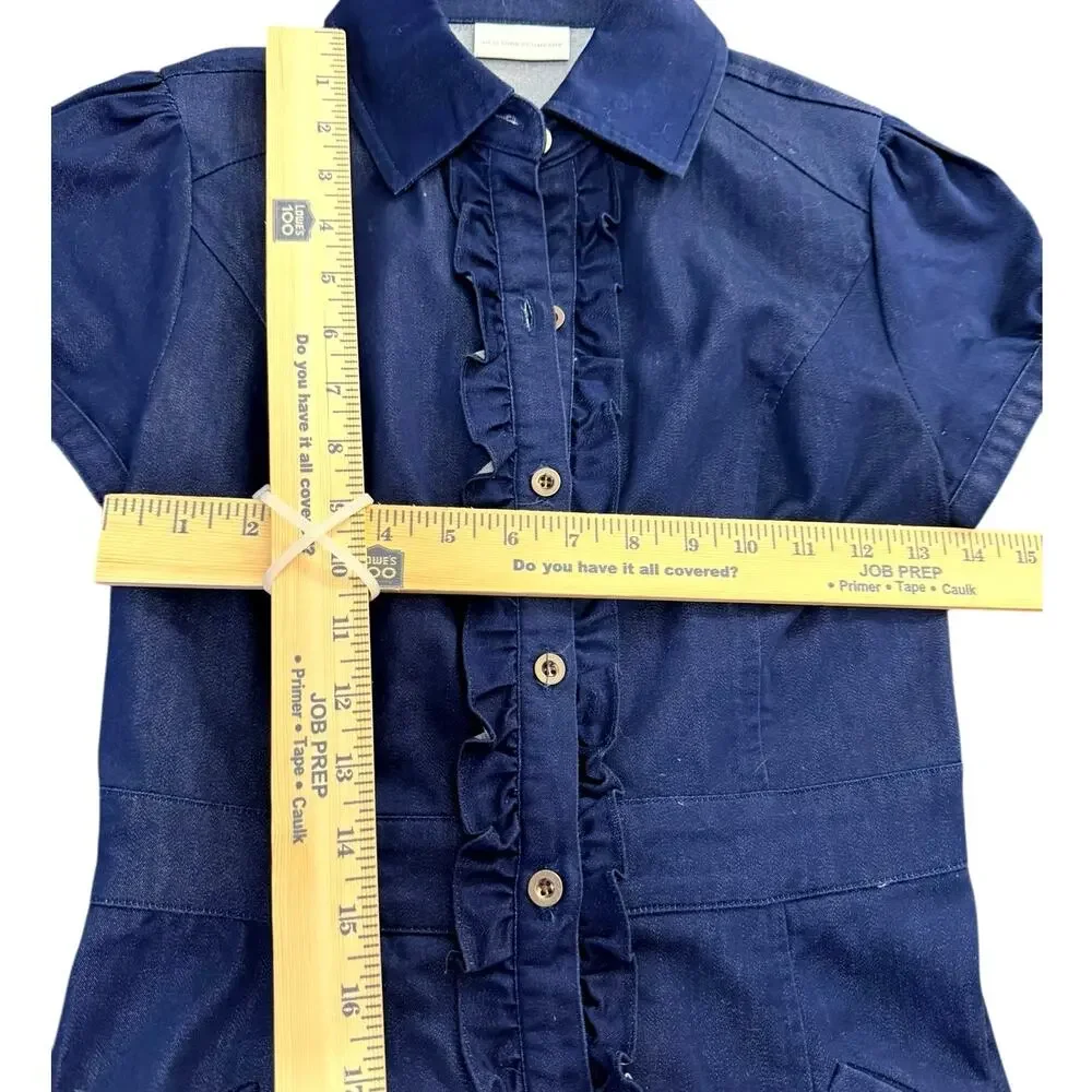 New York & Company Womens Dress XS Blue Denim Style Button Up Cap Sleeve Collar